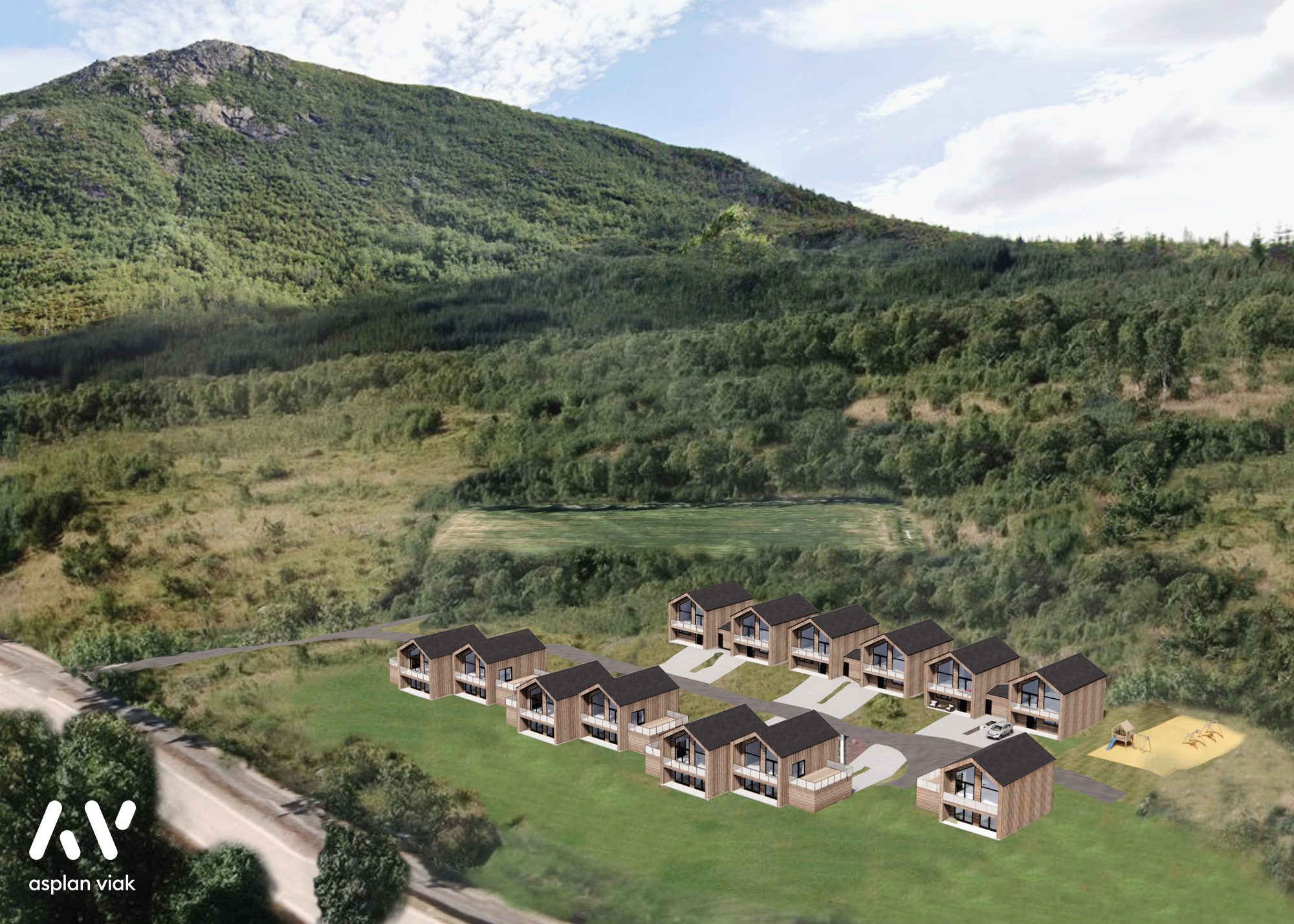 3D-illustrasjon: oversikt over Maurnestoppen boligfelt i lia under fjellet